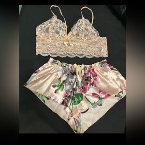 NWOT Floral Lace Bralette and Satin Shorts Set